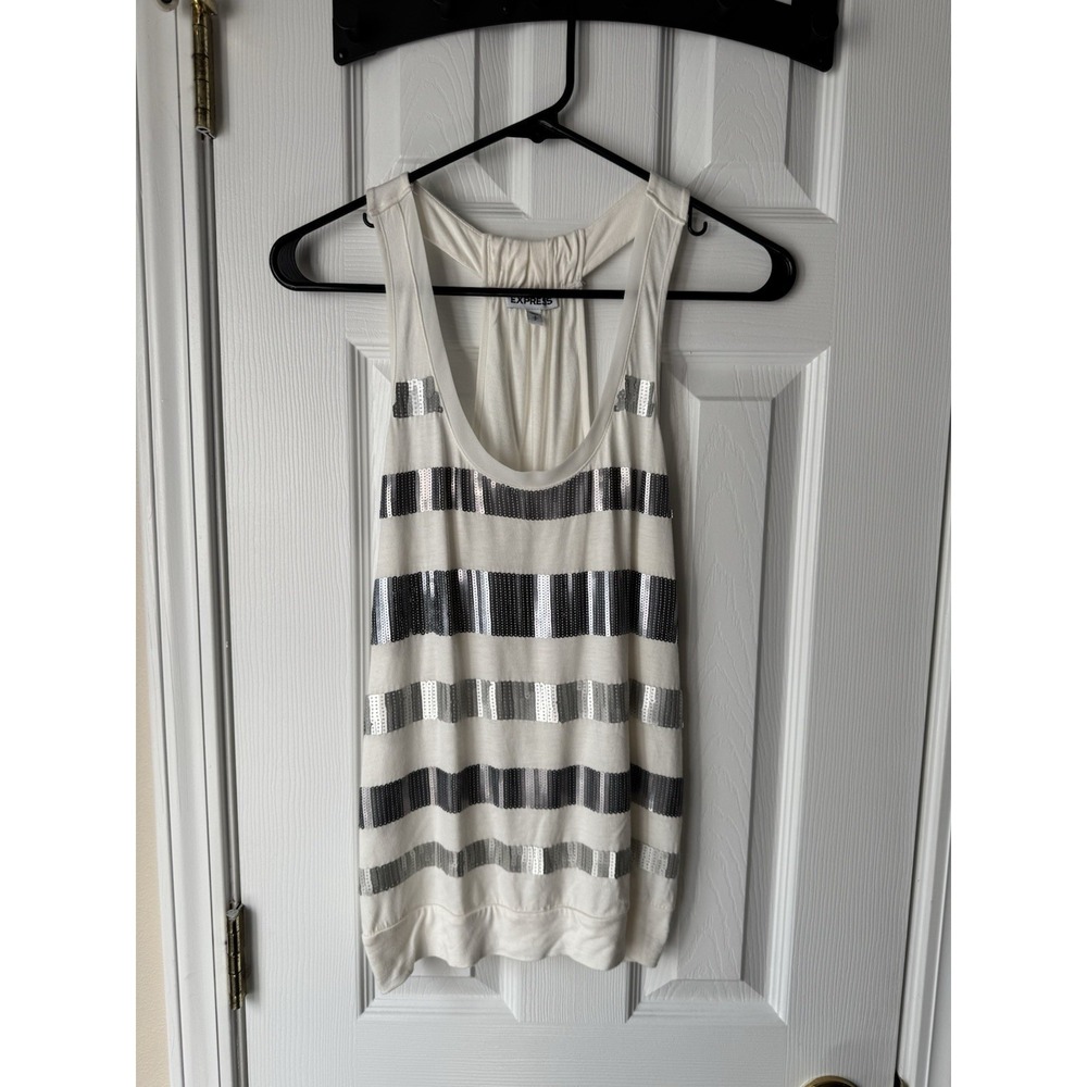 EXPRESS Women's Tank Top S Sleeveless Striped Sequin Silver Cream